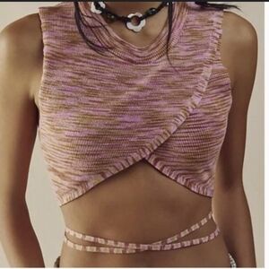 FREE PEOPLE  | Women's Pink/Green/Brown Crossover Tie Up Knitted Crop To…